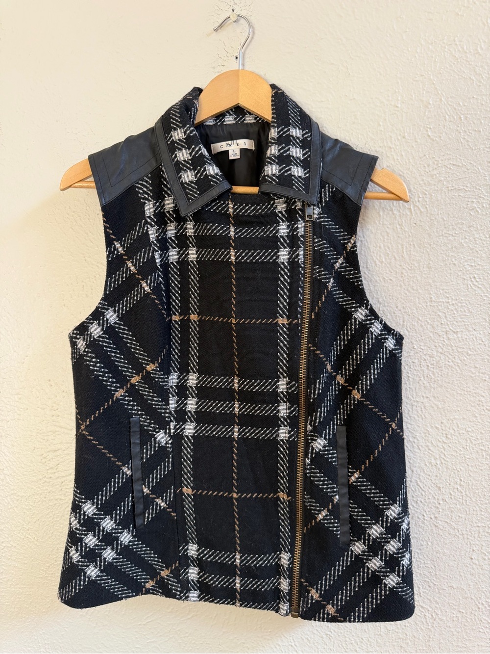 Cabi black plaid wool blend moto vest